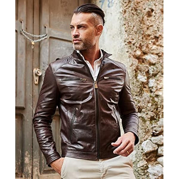 Dark brown pull up lamb leather biker jacket four zipper pockets